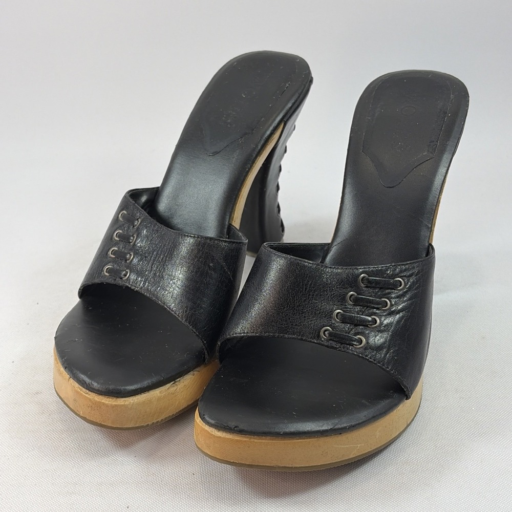 Vintage Y2k Two Lips Platform Faux Wood Chunky Leather Heels Sz 10 Black Boho